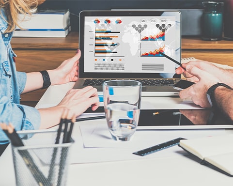 two business people looking at information on screen